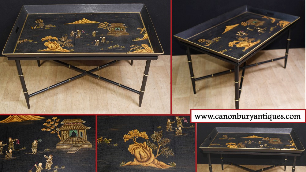 Chinese Black Lacquer Coffee Table Tray Chinoiserie