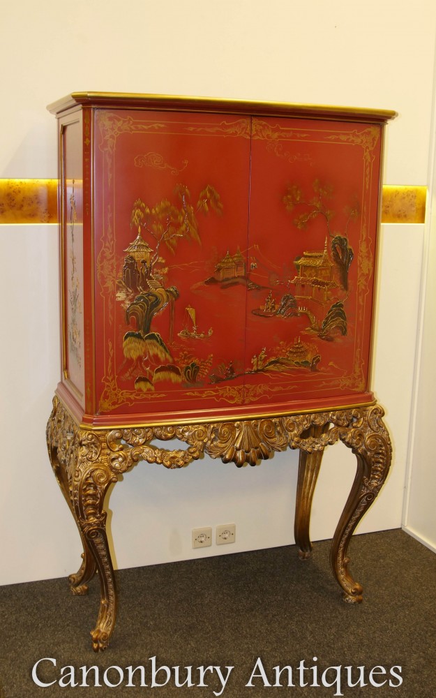Chinese Chippendale Drinks Cabinet Red Lacquer Chinoiserie