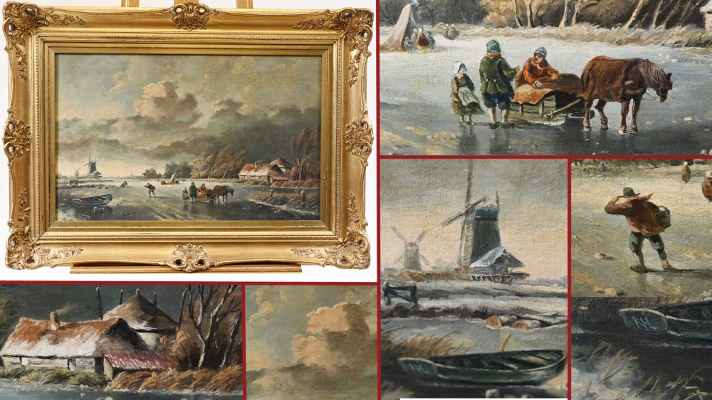 Dutch Oil Painting Frozen Landscape Signed T. Bergman