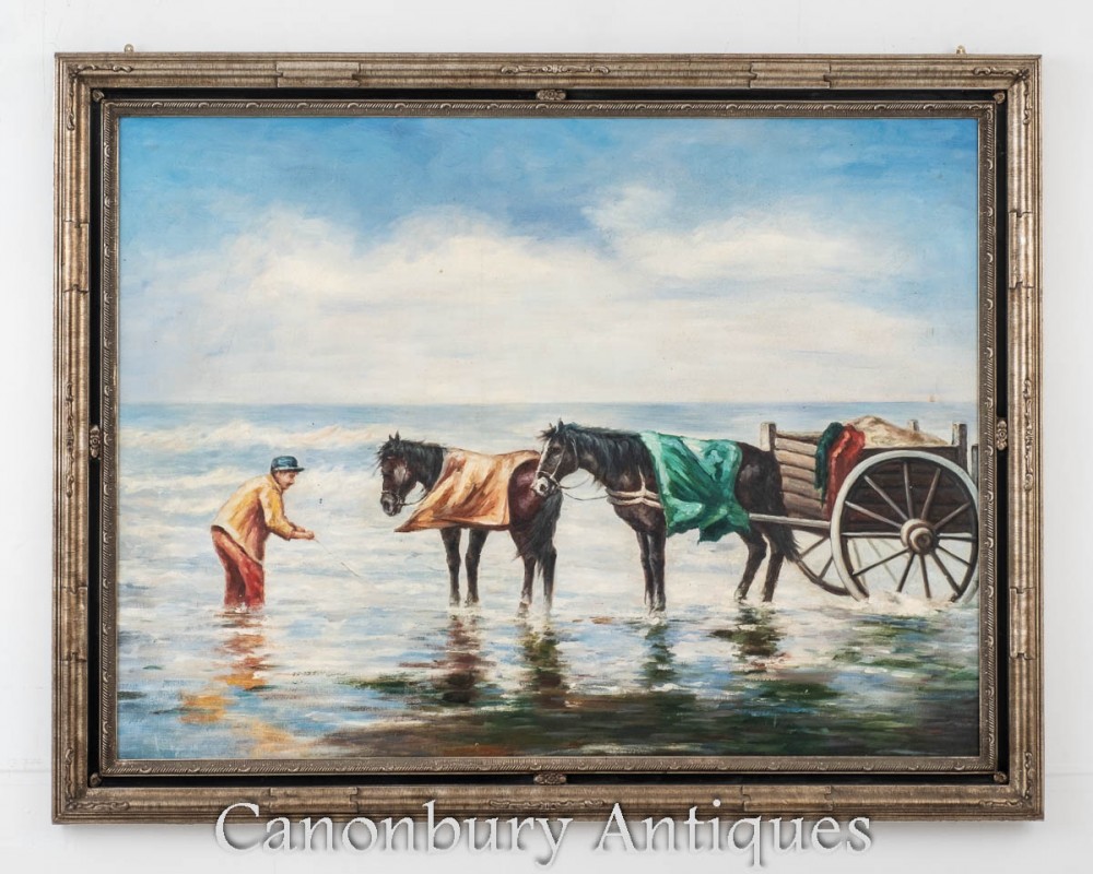 Dutch Oil Painting Horse and Cart Shrimp Fishing Portrait