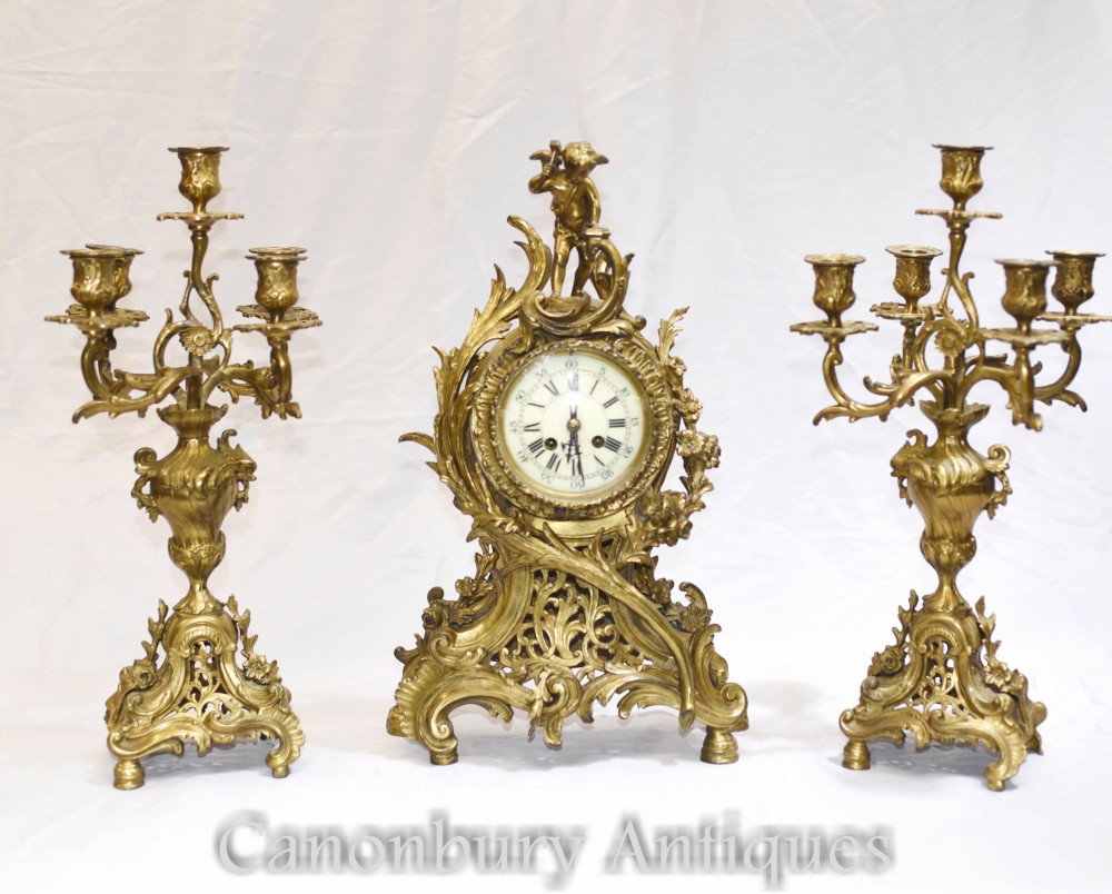 French Antique Gilt Clock Set - Cherub Garniture