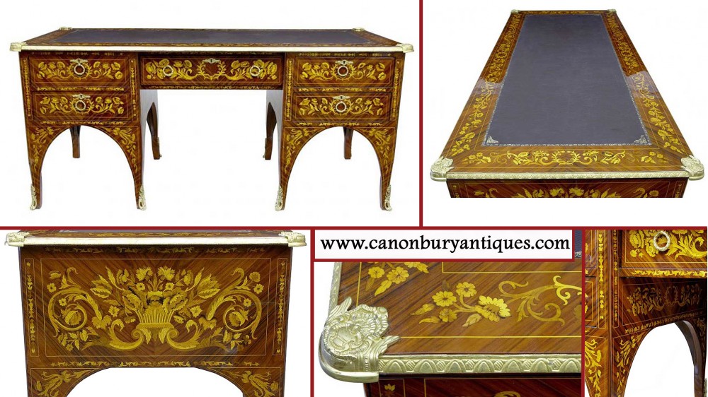 French Empire Desk Marquetry Inlay Bureau Plat Writing Table