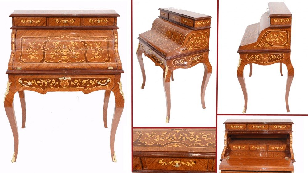 French Roll Top Desk Marquetry Inlay Empire Bureau