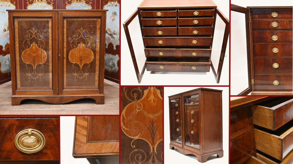 George III Collectors Cabinet Mahogany Painted Panels 1820 Chest Drawers