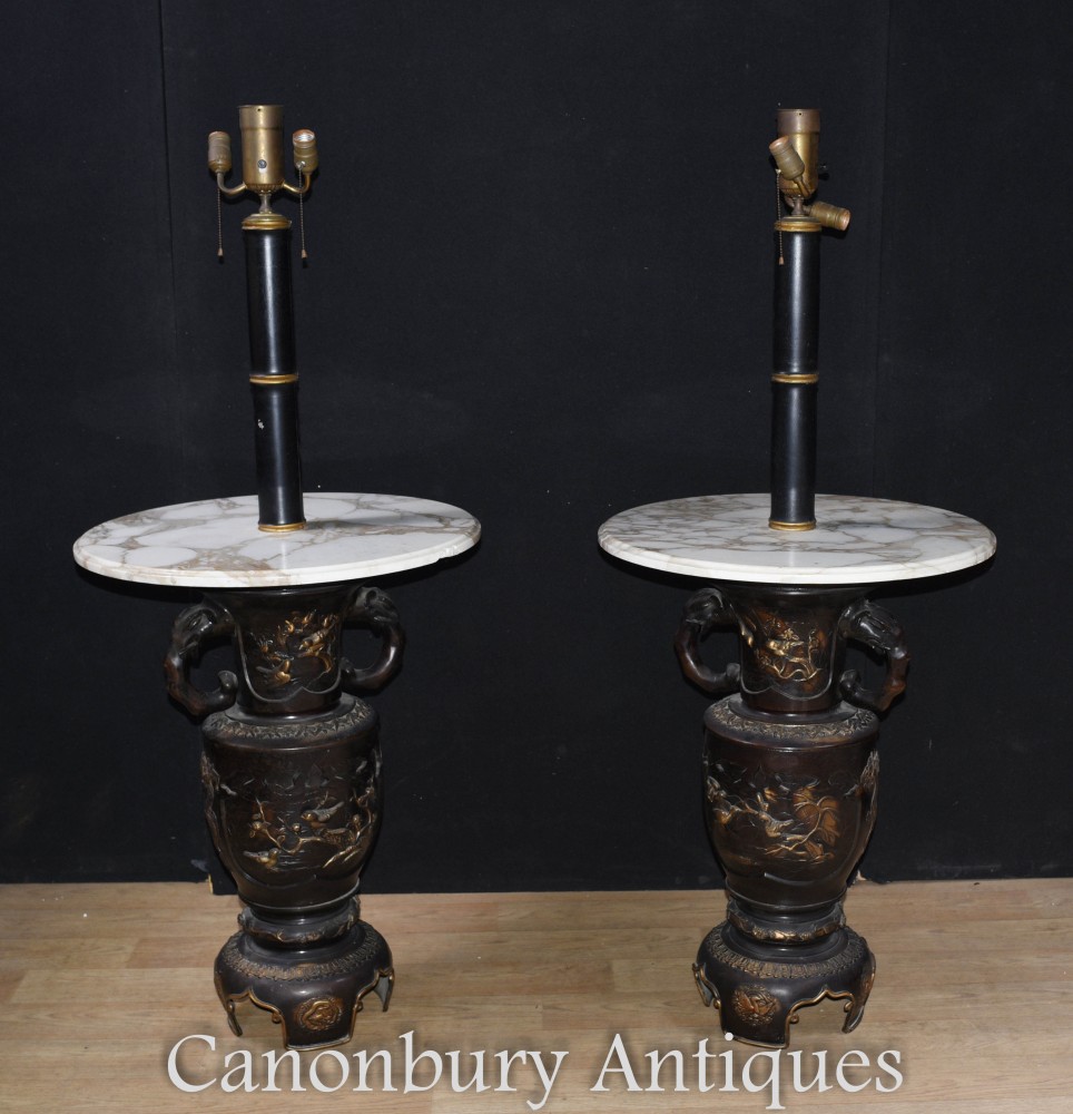 Japanese Antique Side Table Lamps - Bronze Base Lights