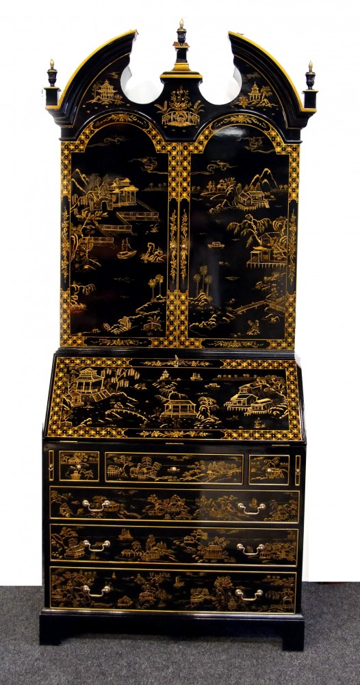 Lacquer Secretary Bookcase - Chinese Export Gilt Chinoiserie Desk