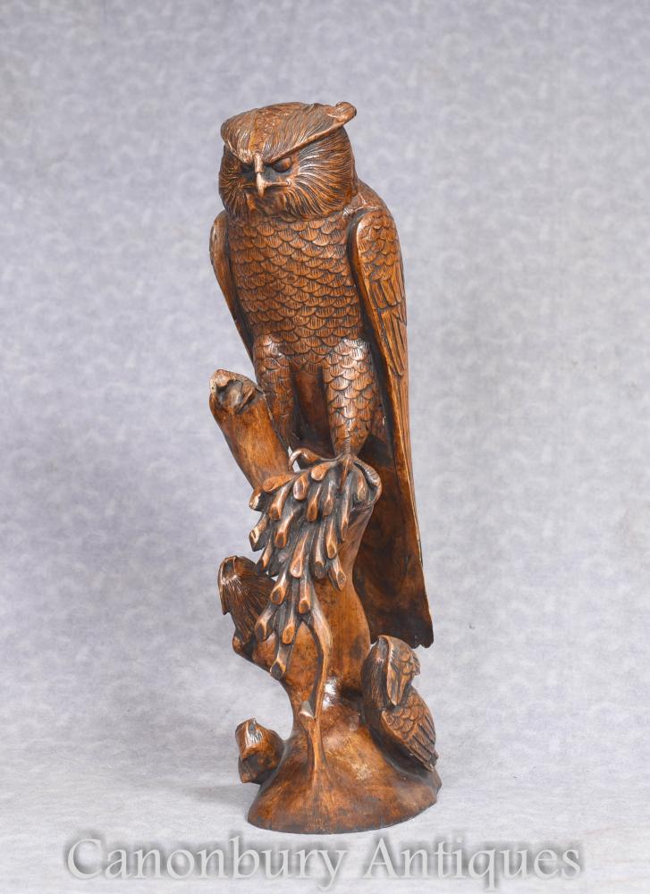Large Hand Carved Black Forest Owl Statue Hawk Birds of Prey