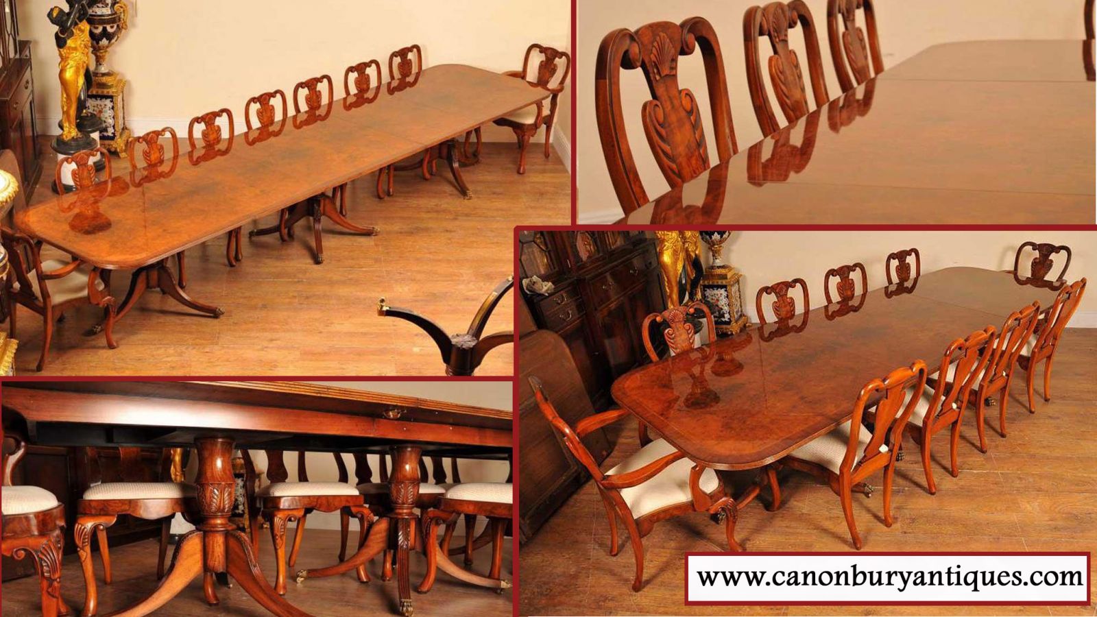 Large Regency Dining Table - Walnut Pedestal Tables Seats 18 People