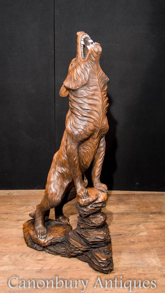 Large Hand Carved Black Forest Howling Wolf Statue Dog Wolves