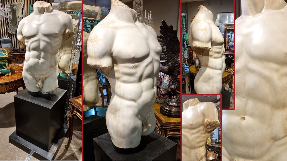 Monumental Grand Tour Marble Torso Statue Pedestal Base Nude Carving