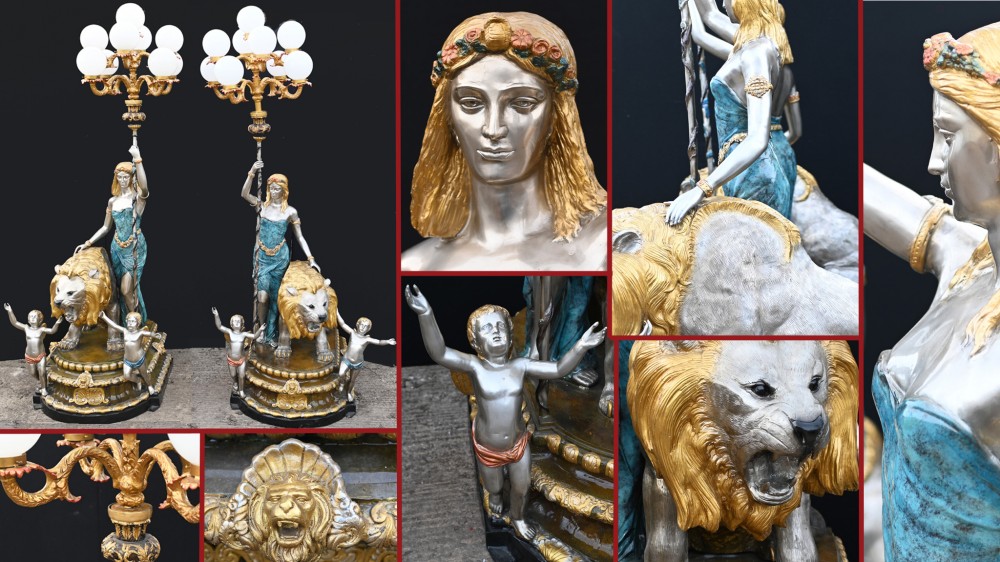 Monumental Bronze Maiden Lamps Lion Cherub Candelabra 10 Feet