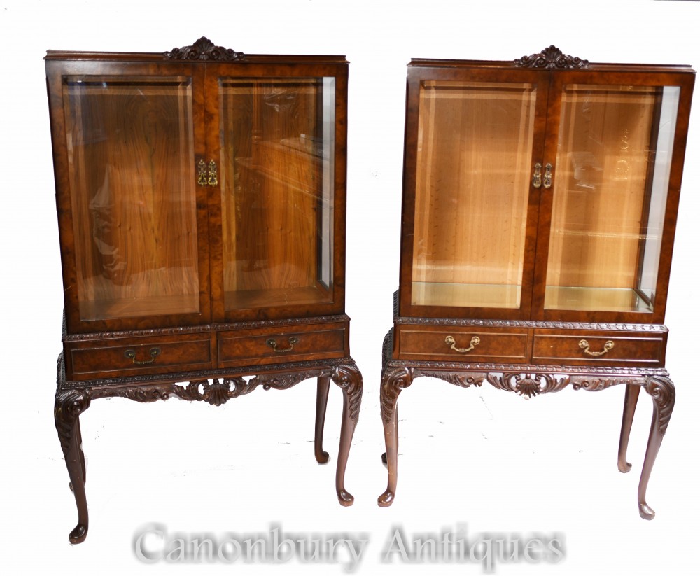 Pair Antique Display Cabinets - Walnut Victorian Bookcases
