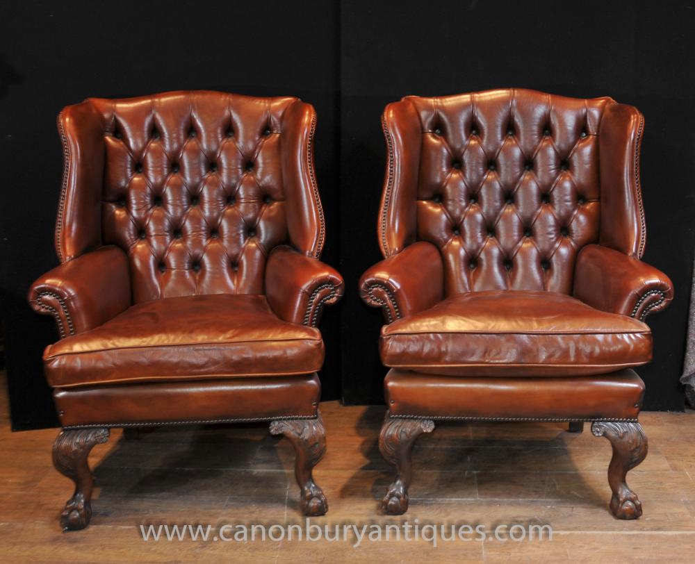Pair Antique English Wingback Chesterfield Arm Chairs Leather Chair