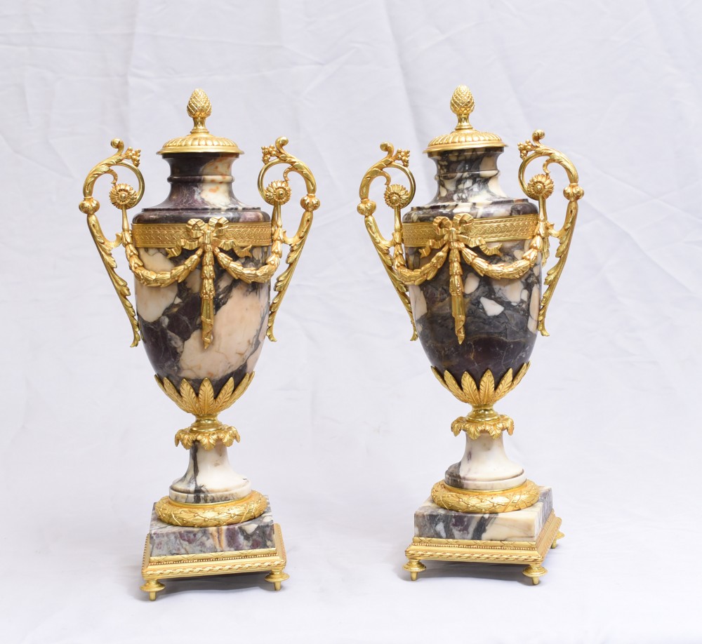 Pair Antique Marble Urns - French Empire Cassolettes Gilded 1860