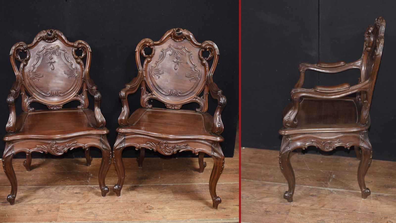 Pair Art Nouveau French Hard Wood Arm Chairs