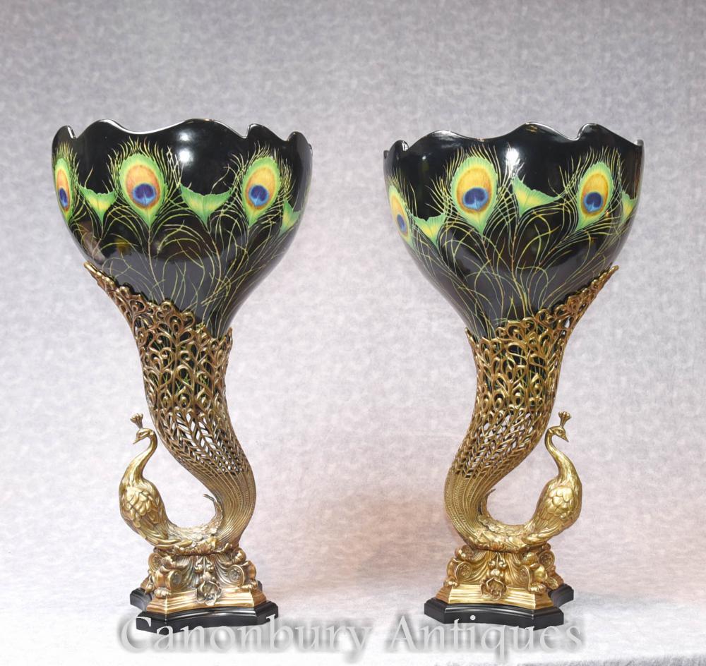 Pair Art Nouveau Porcelain Vases - Peacock Bird Urns