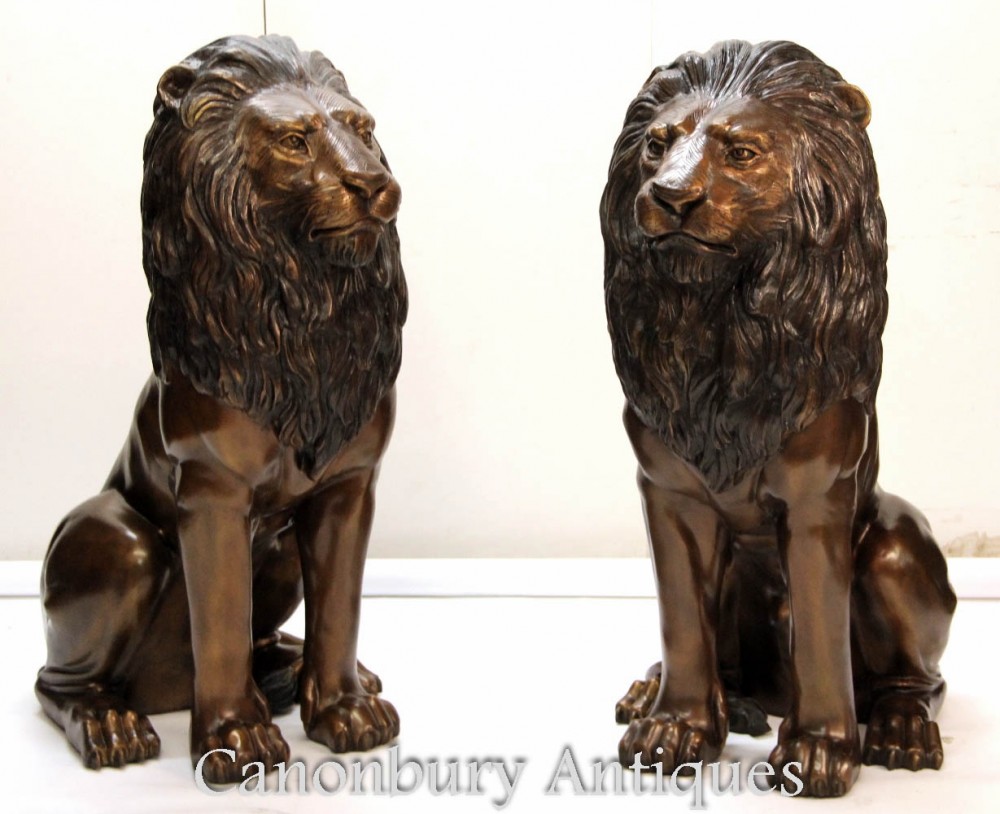 Pair Bronze Lion Gatekeeper Statues - Large Cat Castings