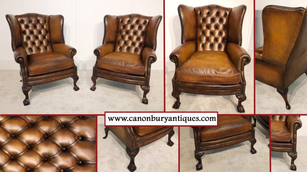 Pair Chesterfield Leather Chairs - Wingback Victorian Deep Button