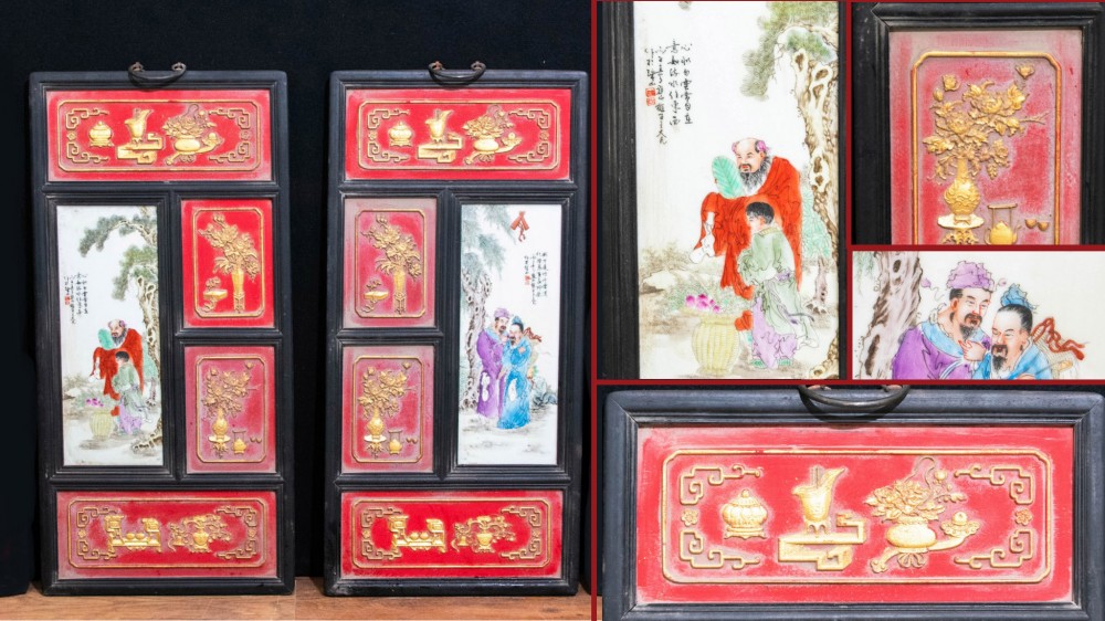 Pair Chinese Porcelain Plaques - Qianlong Hardwood Screen