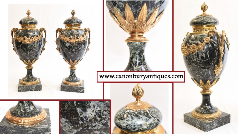Pair Empire Cassolettes Urns - French Antique Marble Vases 1910