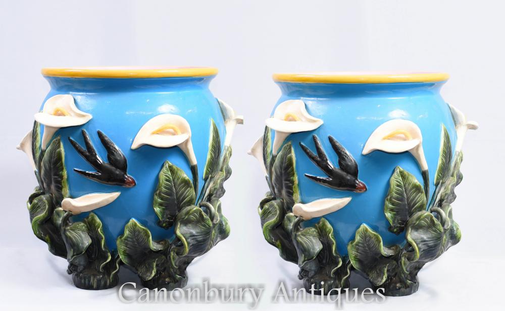 Pair English Majolica Minton Porcelain Planters Pots Bowls Maiolica Pottery