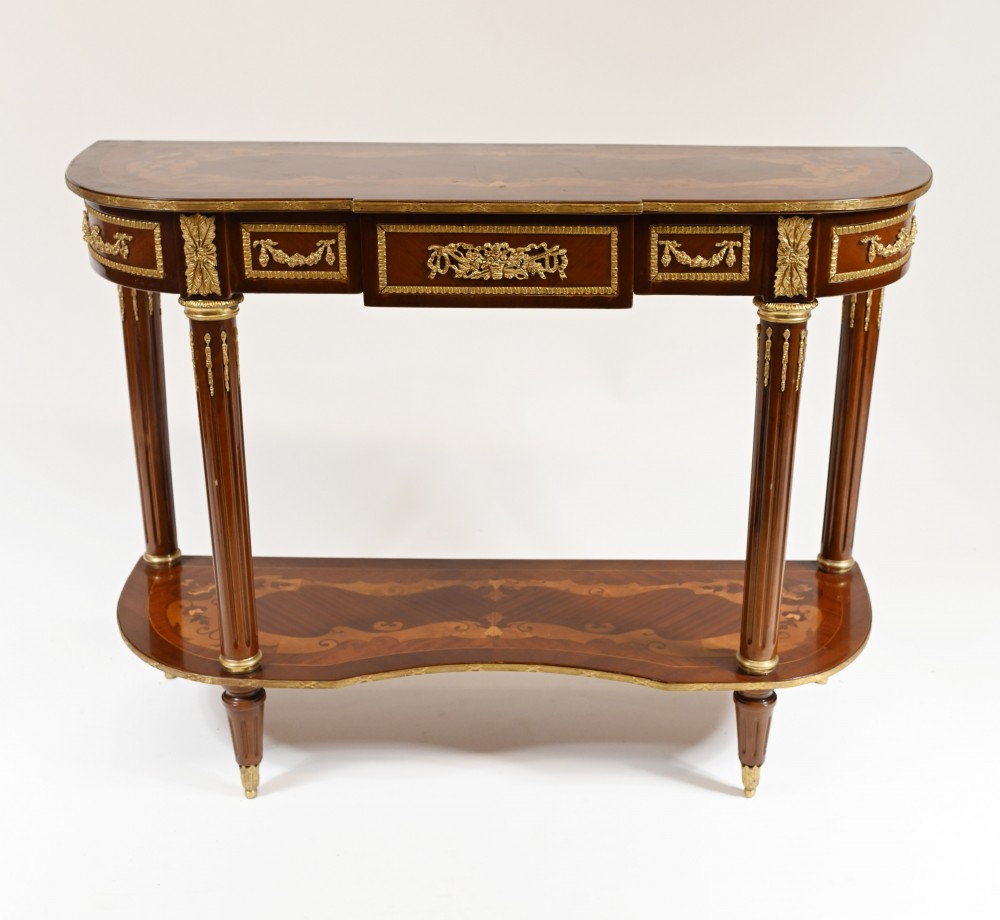 Pair French Empire Console Tables Marquetry Inlay