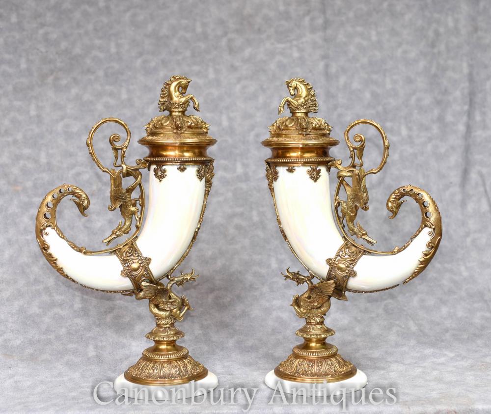 Pair French Porcelain Cornucopia Vases Horn of Plenty