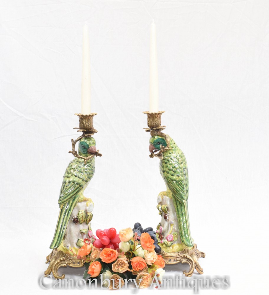 Pair French Porcelain Parrot Candle Holders Candelabras
