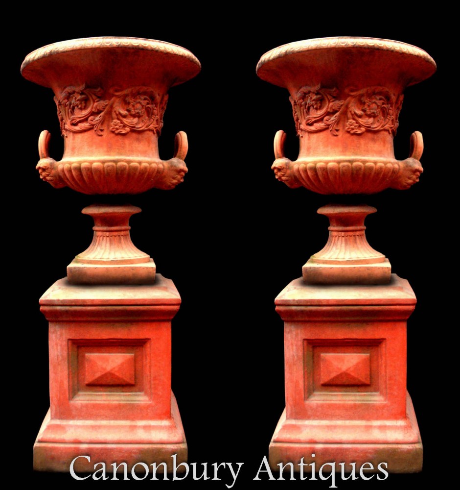 Pair Georgian Terracotta Urns - Garden Vase on Pedestal
