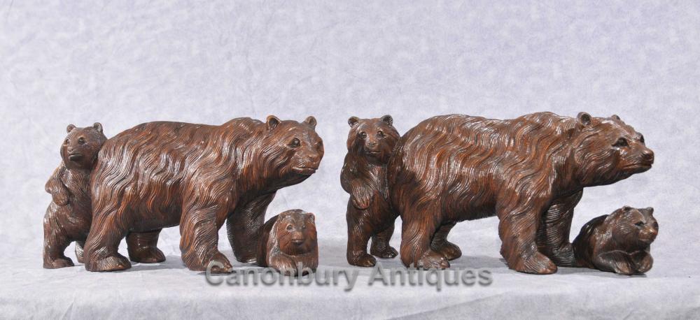 Pair Hand Carved Black Forest Bear Cub Family Statues Brown Bears