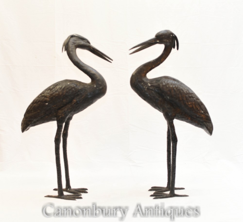 Pair Japanese Bronze Cranes - Bird Garden Statue