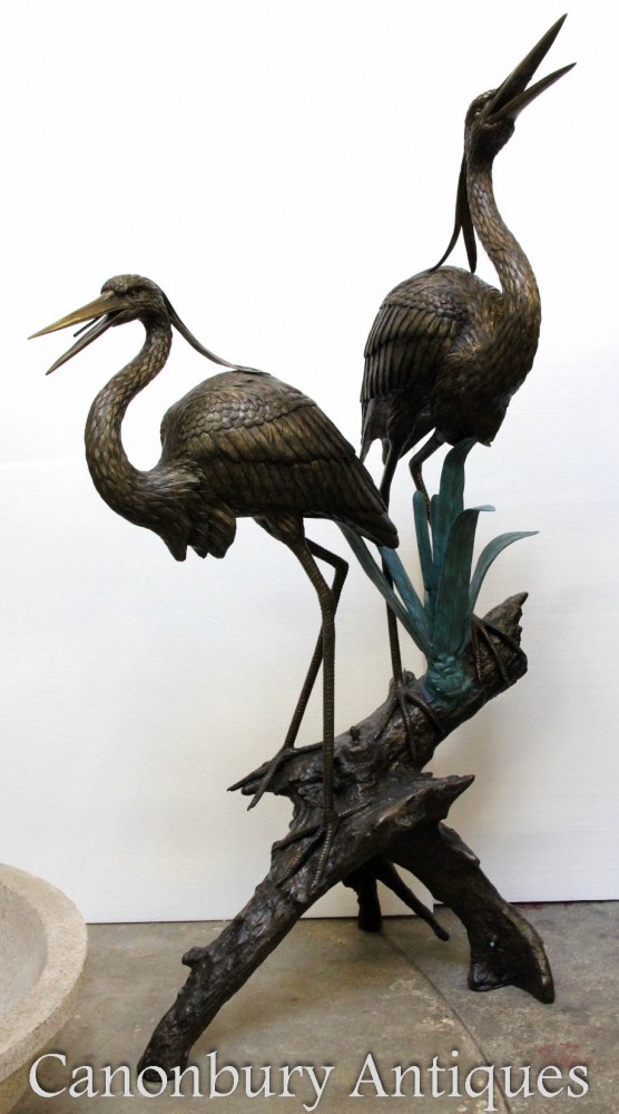 Pair Lifesize Bronze Cranes - Large Bird Casting Garden