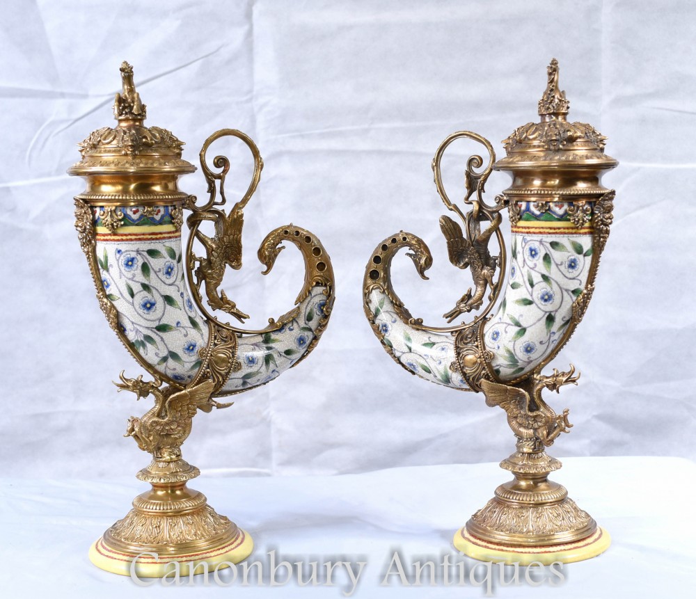 Pair Porcelain Cornucopia Vases French Urns Ormolu Dragons Horn of Plenty