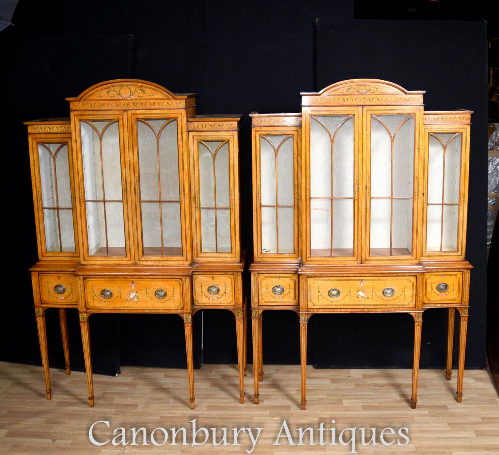 Pair Sheraton Satinwood Display Cabinets on Stands Bookcases