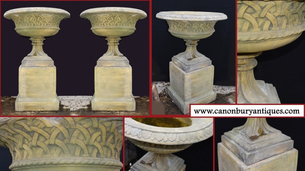 Pair Terracotta Garden Urns Pedestal - Classical Celtic Gothic