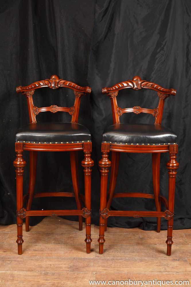 Pair Victorian Hand Carved Mahogany Bar Stools Seats