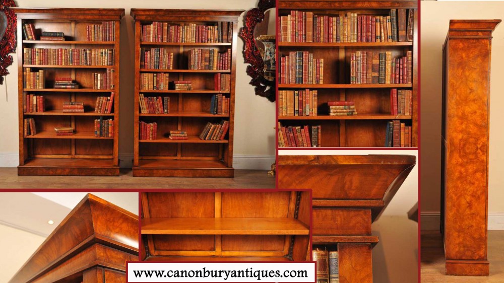 Pair Walnut Victorian Bookcases Open Book Case