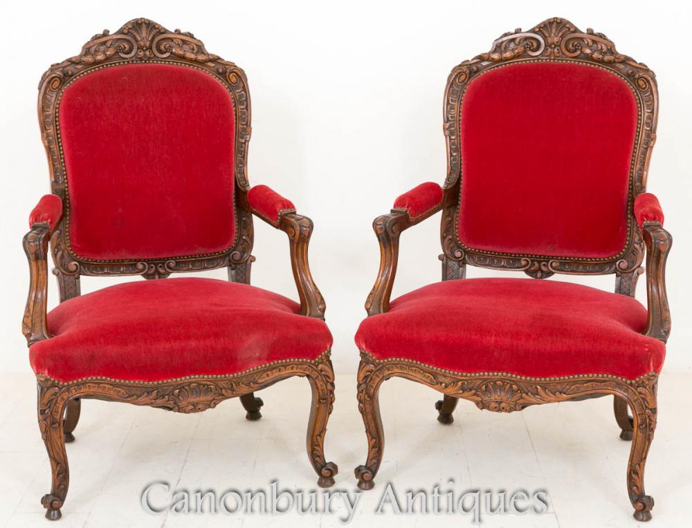 Pair Antique Walnut French Salon Chairs Arm Chair 1870