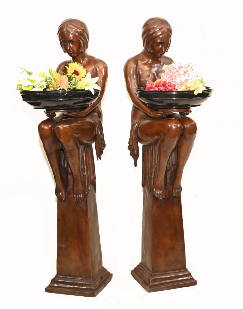 Pair Art Deco Statues - Bronze Biba Planter Figurines
