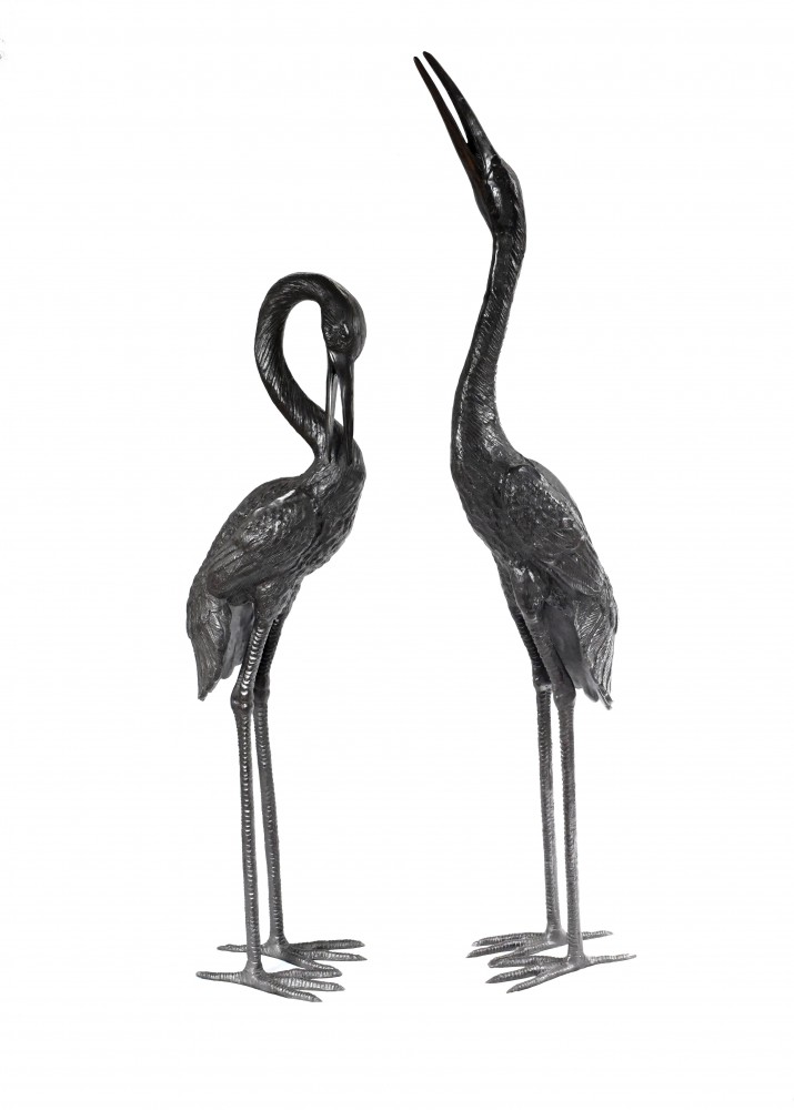 Pair Bronze Japanese Cranes - Storks Garden Birds