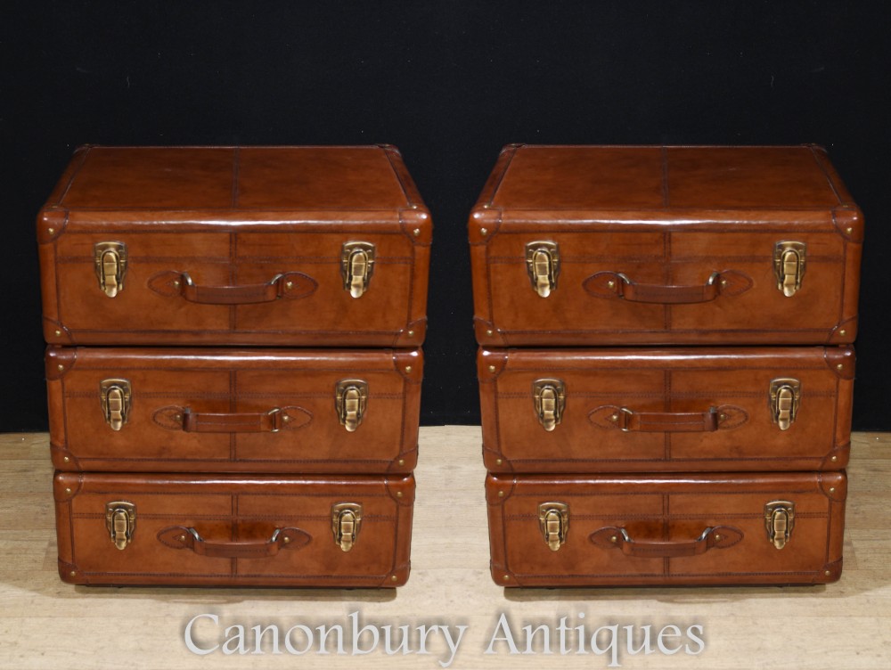 Pair leather campaign bedside chests