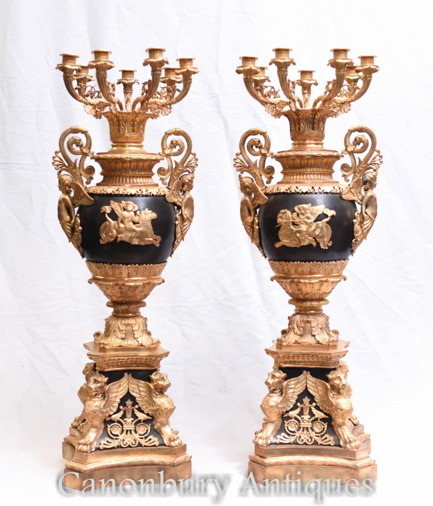 Pair French Candelabras - Empire Ormolu Urn Candles