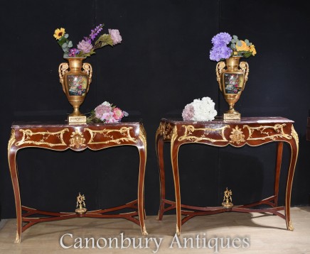 Pair French Console Tables - Louis XVI Ormolu Marble Hall Table