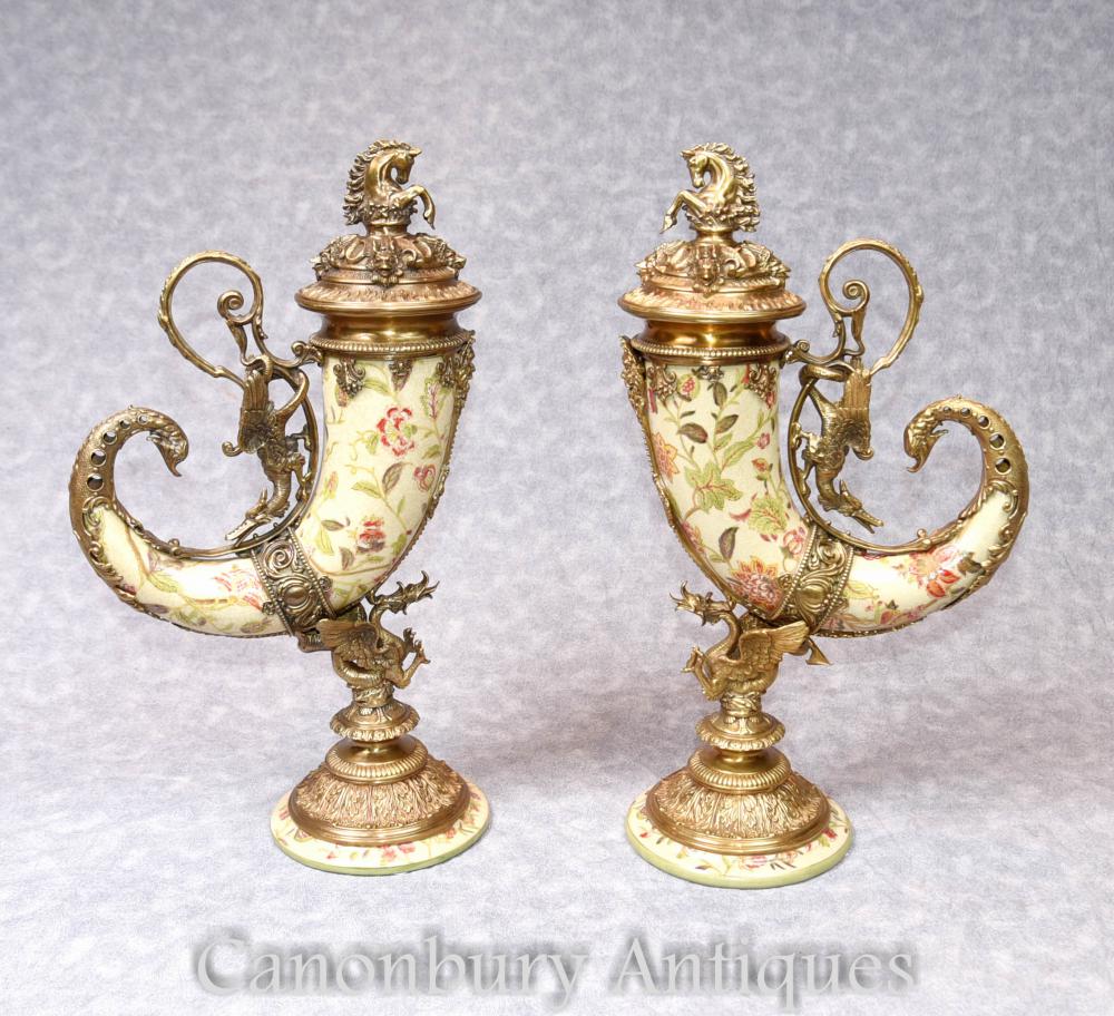 Pair French Porcelain Cornucopia Vases Urns Ormolu Horn of Plenty