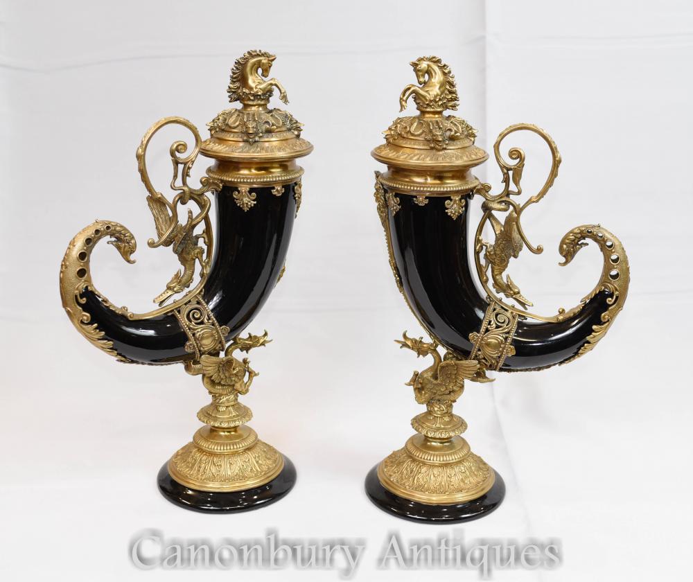 Pair French Porcelain Horn of Plenty Vases Urns Cornucopia