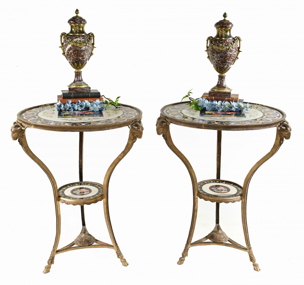 Pair French Tables - Empire Ormolu Porcelain Side Tables Rams Heads Floral