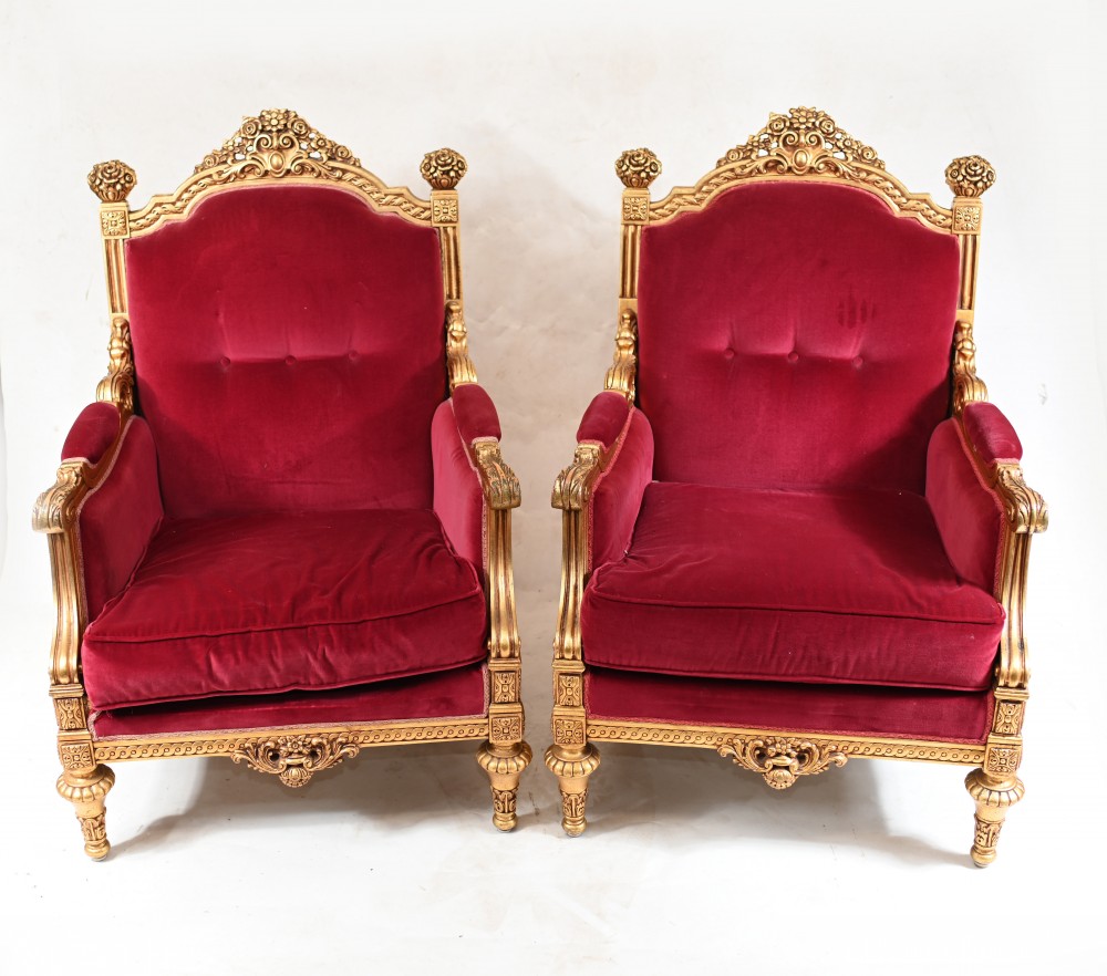Pair Gilt French Arm Chairs Empire Fauteuils