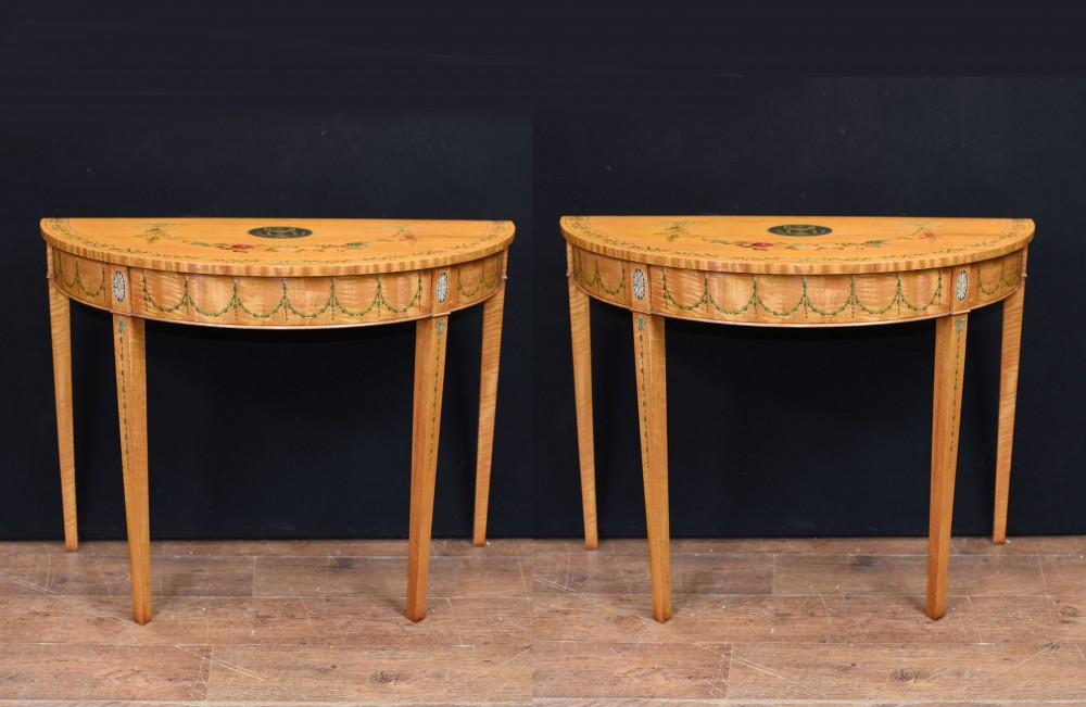 Pair Hepplewhite Console Tables - Painted Satinwood Demi Lune