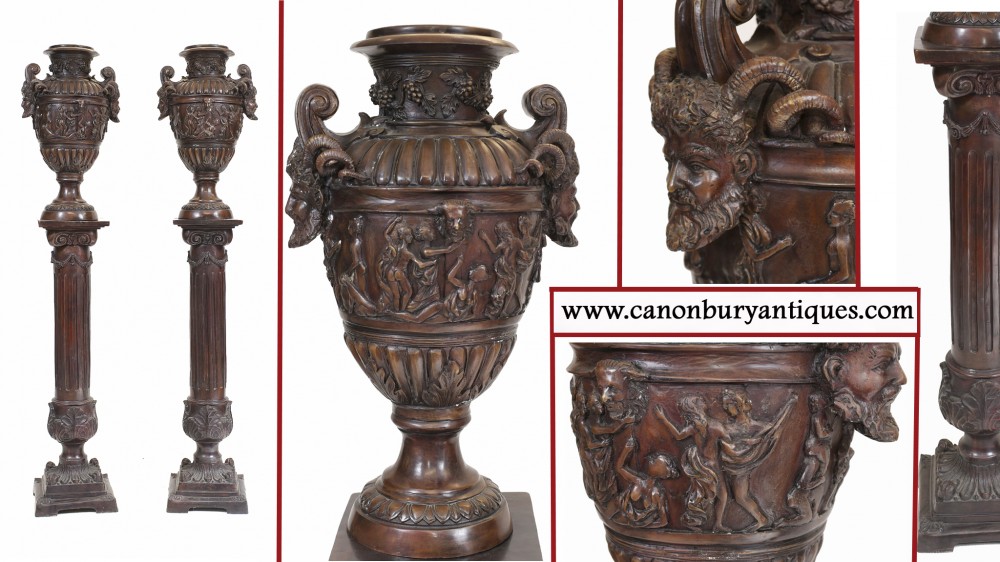 Pair Italian bronze pedestals with urns