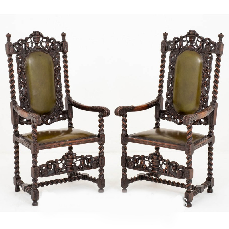 Pair Jacobean Oak Chairs Carver Arm Chairs Farmhouse 1880